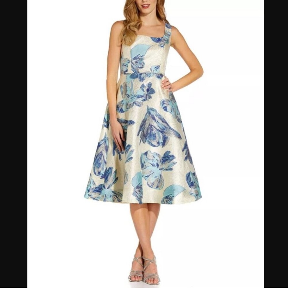 Adrianna Papell Blue Floral Midi Dress NWT - has pockets!!